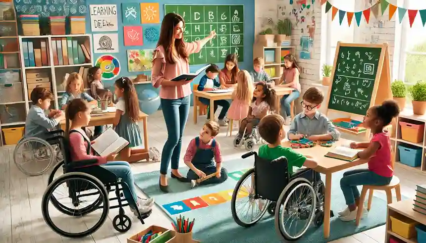 This image represents an inclusive classroom where diverse students, including those with disabilities, learn together with equal opportunities and support, promoting collaboration and equality